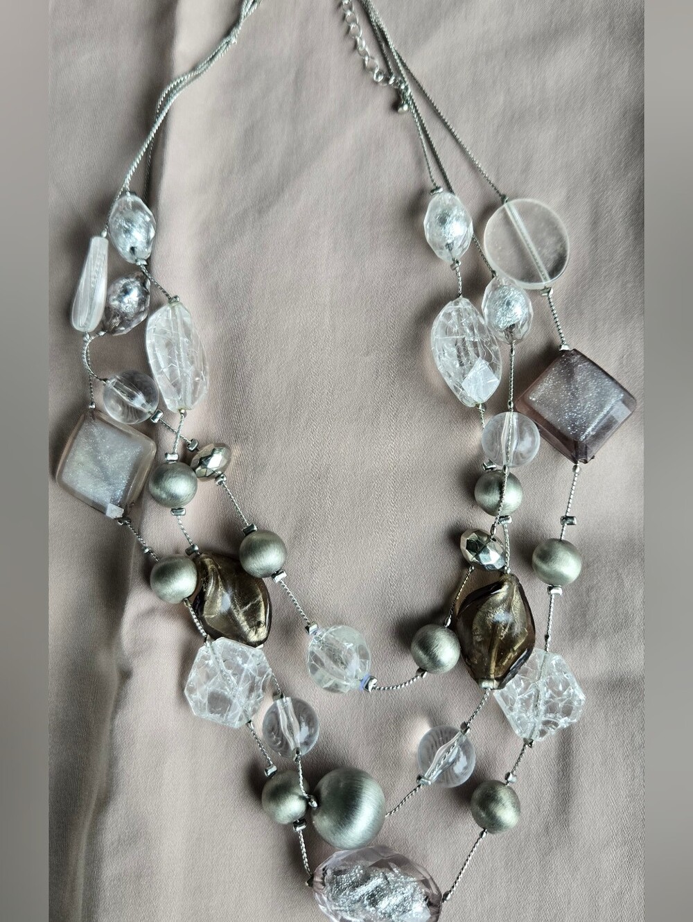 Multi-Strand Silver & Clear Beaded Necklace